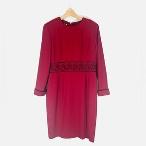 Talbots Petites 1980's Wool Red Midi Length Lined Dress Embroidered Waist Women